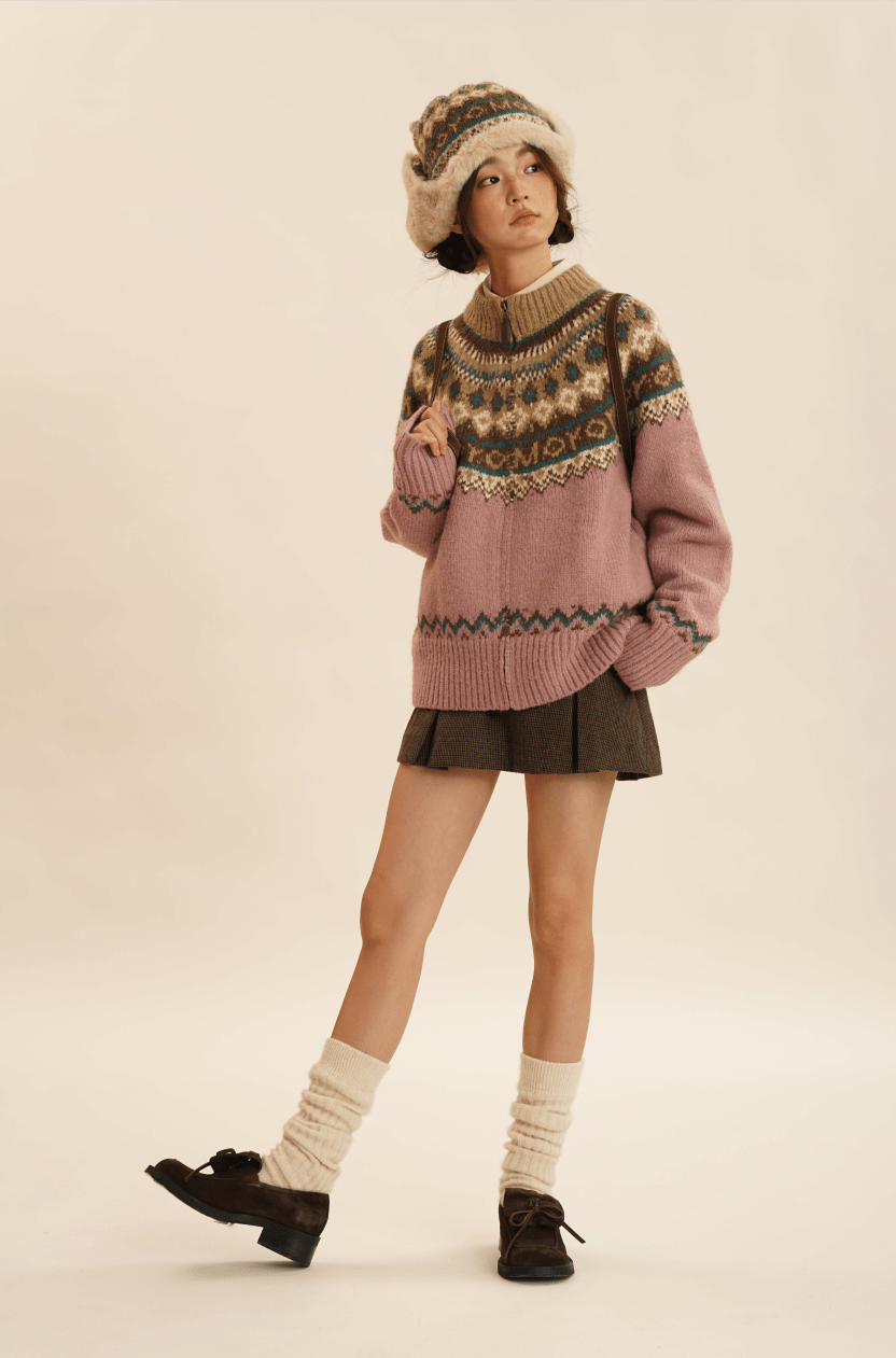 Fair Isle Pattern Zipper Cardigan Knit Sweater - COPPING THREADS - MOROMORO