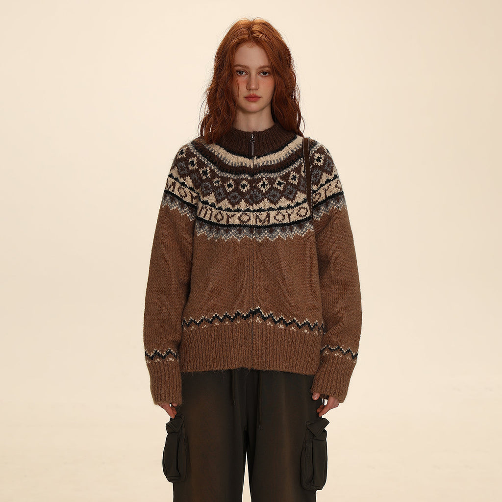 Fair Isle Pattern Zipper Cardigan Knit Sweater - COPPING THREADS - MOROMORO