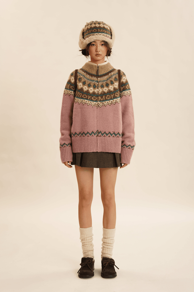 Fair Isle Pattern Zipper Cardigan Knit Sweater - COPPING THREADS - MOROMORO Hover Image