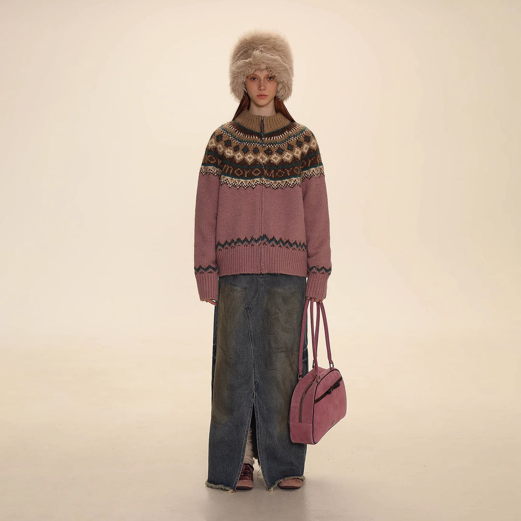 Fair Isle Pattern Zipper Cardigan Knit Sweater - COPPING THREADS - MOROMORO