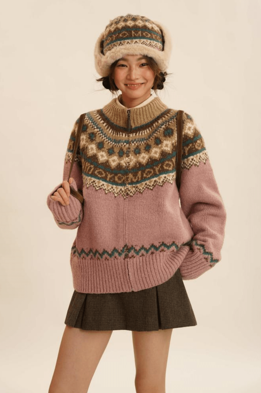 Fair Isle Pattern Zipper Cardigan Knit Sweater - COPPING THREADS - MOROMORO