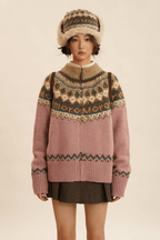 Fair Isle Pattern Zipper Cardigan Knit Sweater - COPPING THREADS - MOROMORO