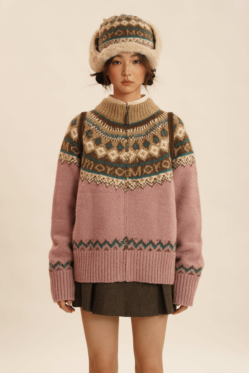Fair Isle Pattern Zipper Cardigan Knit Sweater - COPPING THREADS - MOROMORO