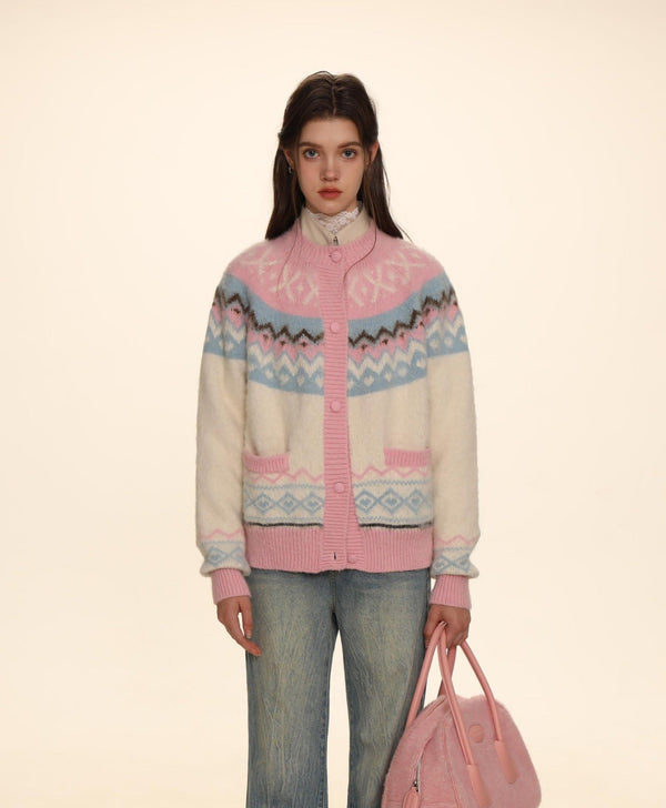 Fair Isle Round Neck Knit Cardigan Sweater - COPPING THREADS - MOROMORO