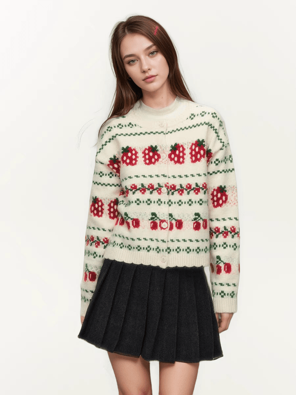 Fair Isle Strawberry Cream Colorblock Knit Cardigan Sweater - COPPING THREADS - CHICISLAND