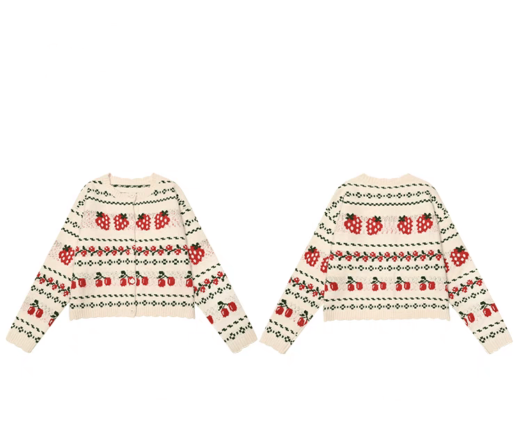 Fair Isle Strawberry Cream Colorblock Knit Cardigan Sweater - COPPING THREADS - CHICISLAND
