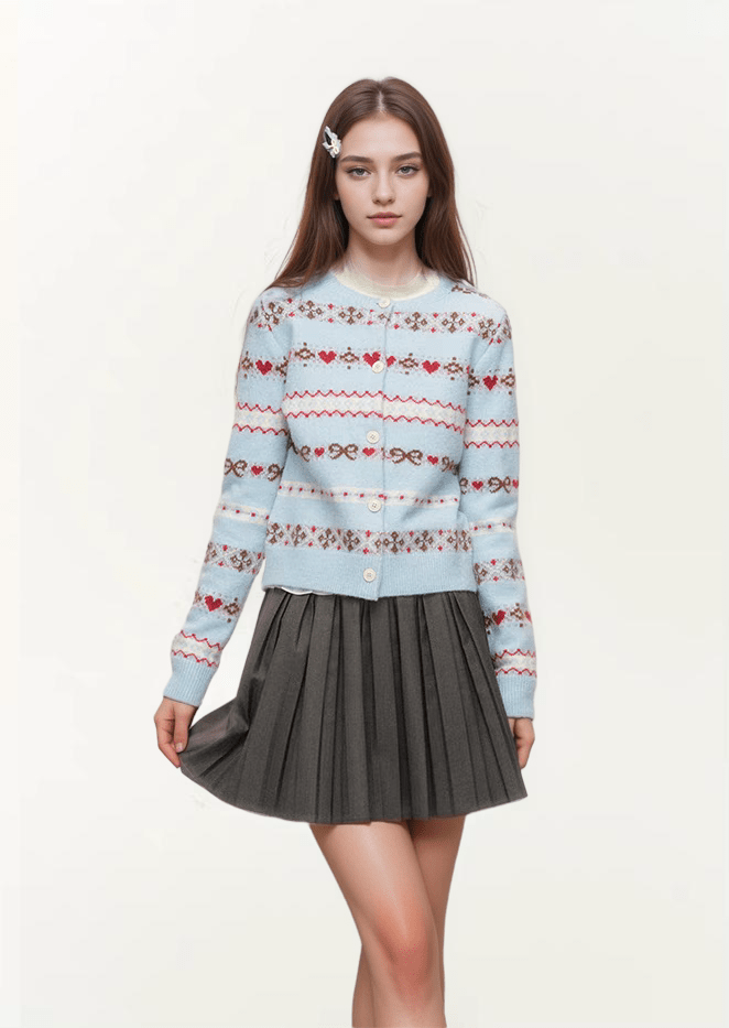Fair Isle Striped Bowknot Pattern Jacquard Knit Cardigan - COPPING THREADS - CHICISLAND