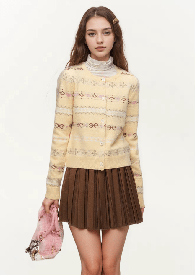 Fair Isle Striped Bowknot Pattern Jacquard Knit Cardigan - COPPING THREADS - CHICISLAND Hauptbild