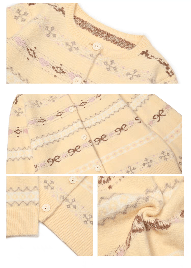Fair Isle Striped Bowknot Pattern Jacquard Knit Cardigan - COPPING THREADS - CHICISLAND