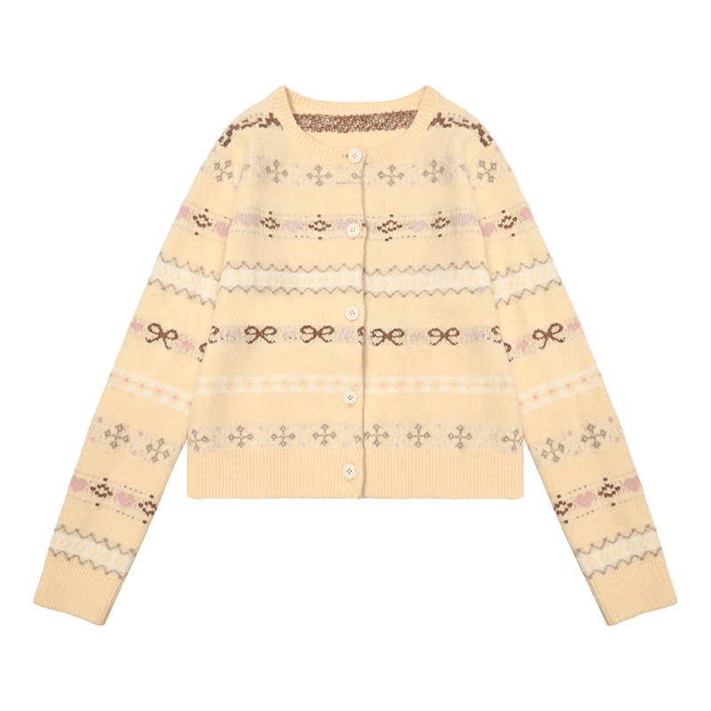 Fair Isle Striped Bowknot Pattern Jacquard Knit Cardigan - COPPING THREADS - CHICISLAND