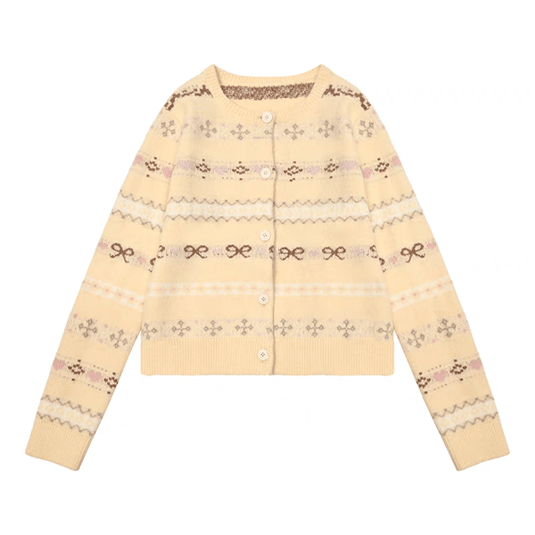 Fair Isle Striped Bowknot Pattern Jacquard Knit Cardigan - COPPING THREADS - CHICISLAND