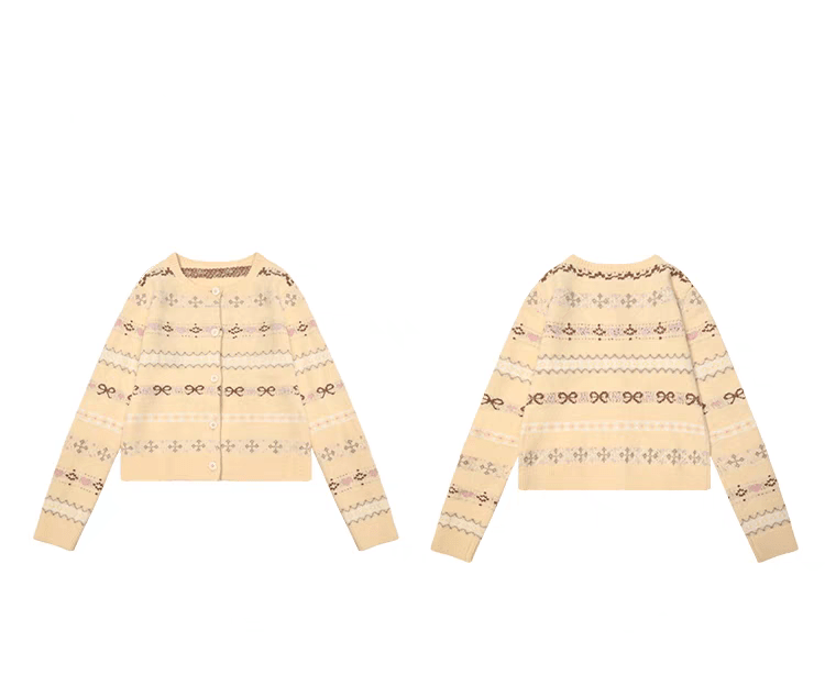 Fair Isle Striped Bowknot Pattern Jacquard Knit Cardigan - COPPING THREADS - CHICISLAND