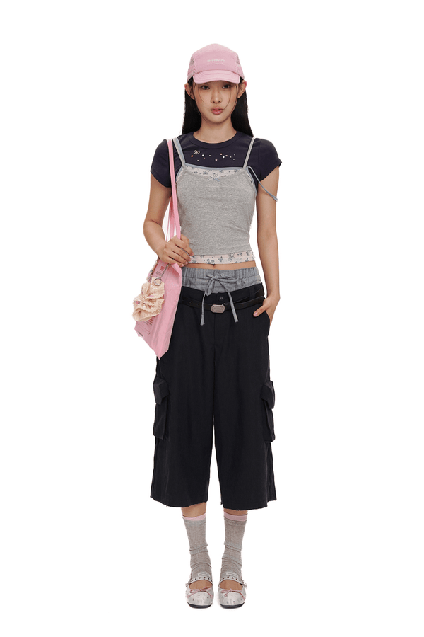 Faux 3 - Piece Layered Look Lace Trim Tee - COPPING THREADS - MOROMORO