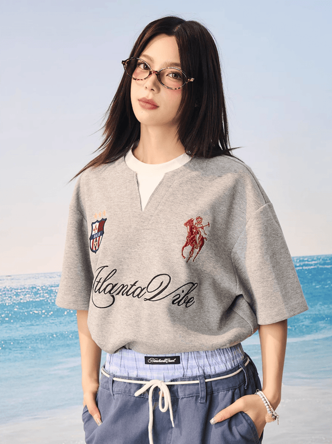 Faux Layered Jersey-Inspired Embroidered V-Neck Tee Main Image