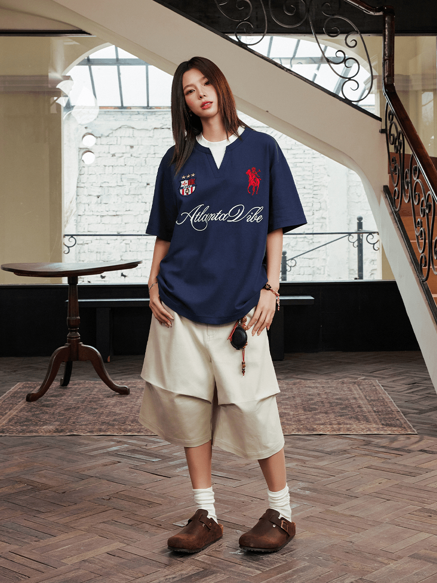 Faux Layered Jersey - Inspired Embroidered V - Neck Tee - COPPING THREADS - Harsh and Cruel