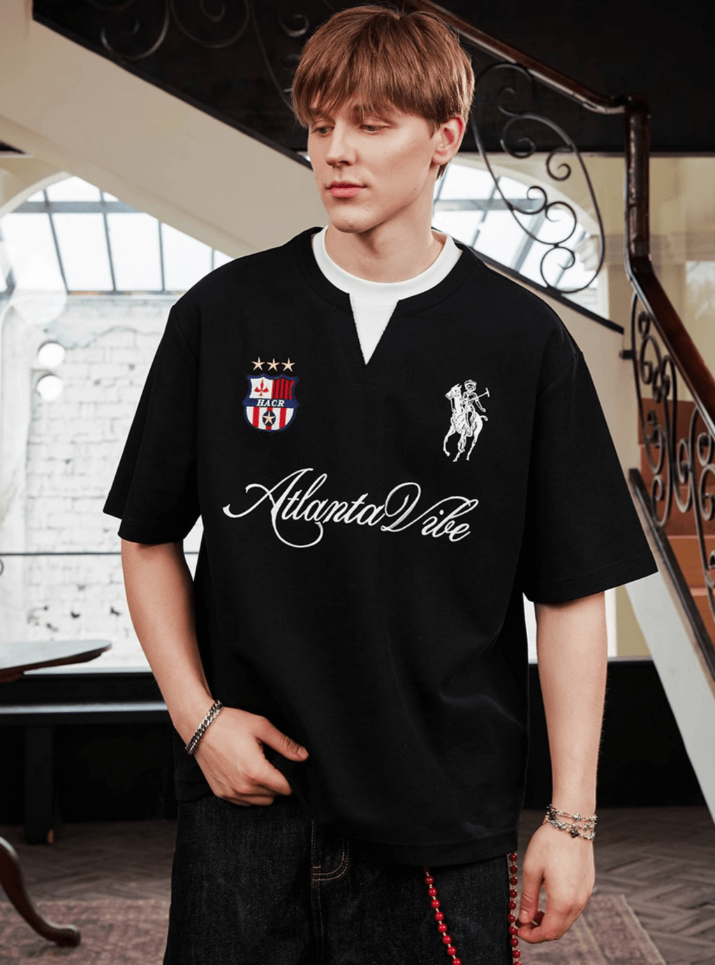 Faux Layered Jersey - Inspired Embroidered V - Neck Tee - COPPING THREADS - Harsh and Cruel