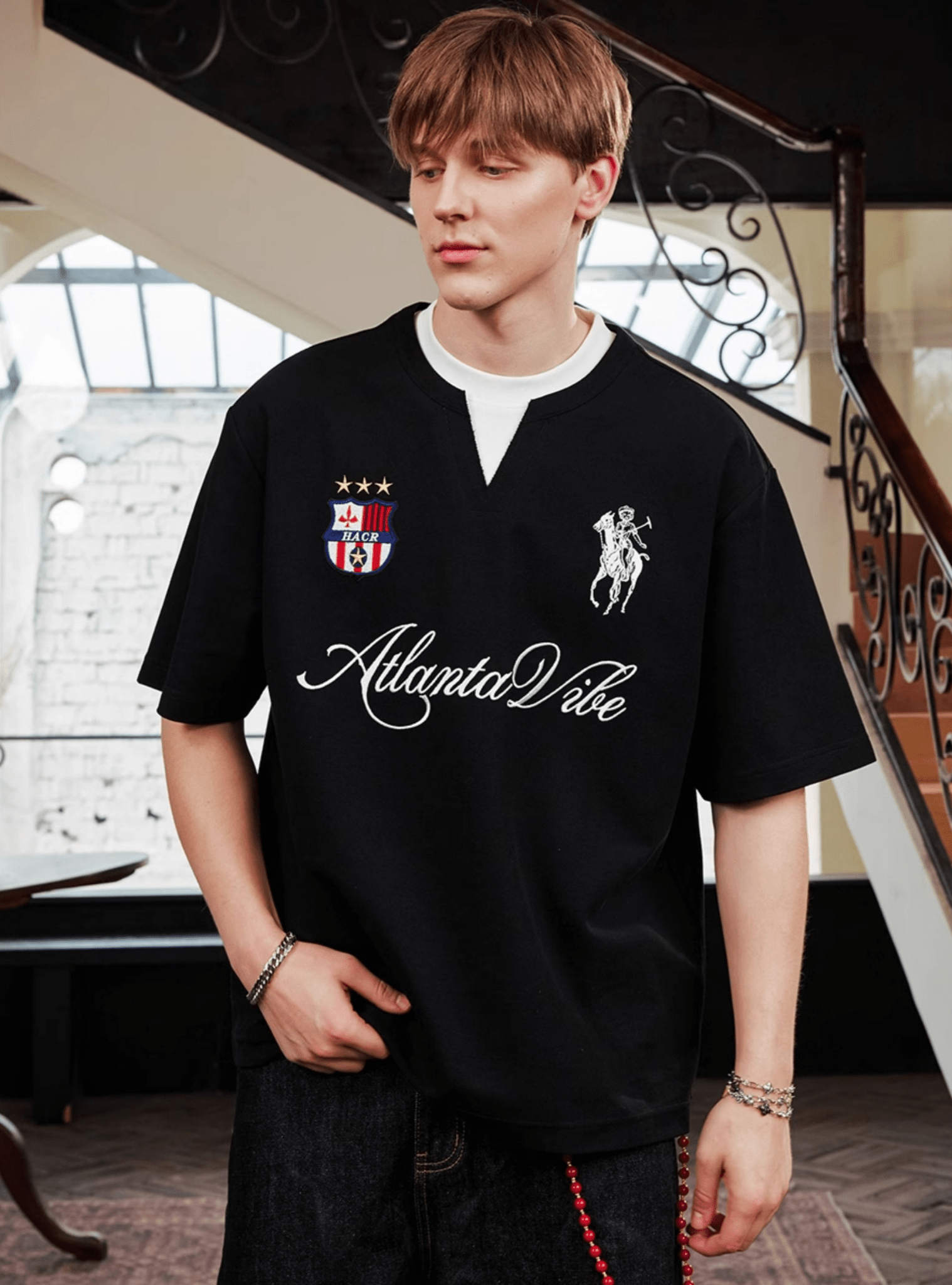 Faux Layered Jersey - Inspired Embroidered V - Neck Tee - COPPING THREADS - Harsh and Cruel