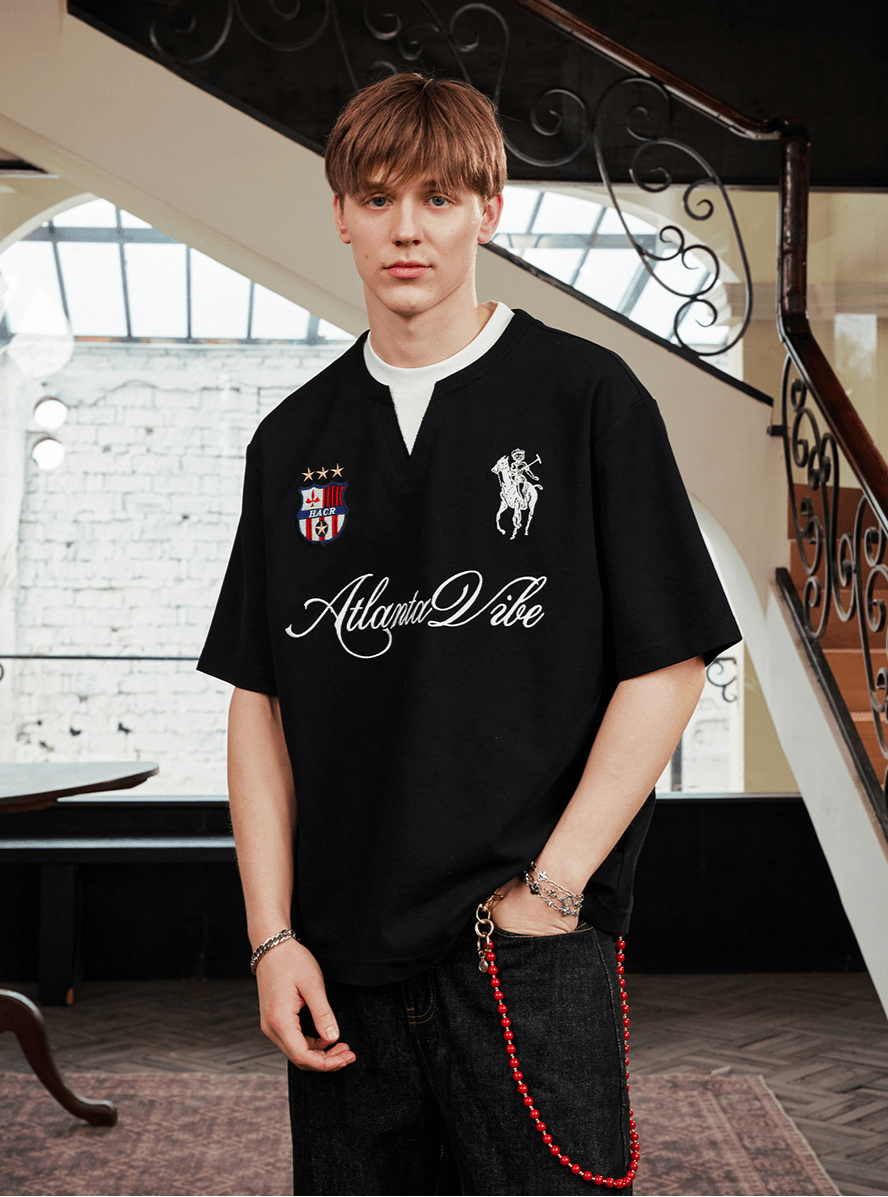 Faux Layered Jersey - Inspired Embroidered V - Neck Tee - COPPING THREADS - Harsh and Cruel