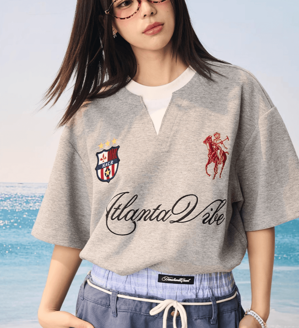 Faux Layered Jersey - Inspired Embroidered V - Neck Tee - COPPING THREADS - Harsh and Cruel