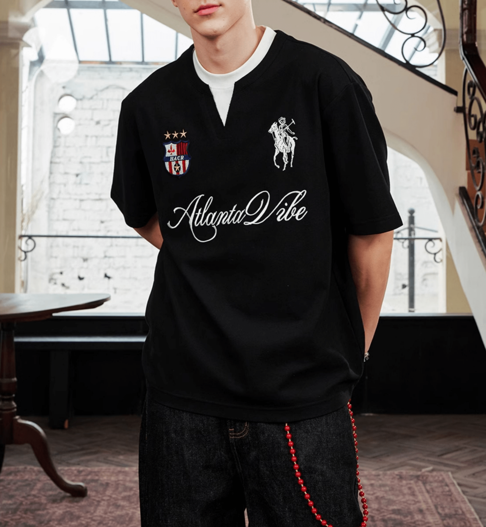 Faux Layered Jersey - Inspired Embroidered V - Neck Tee - COPPING THREADS - Harsh and Cruel