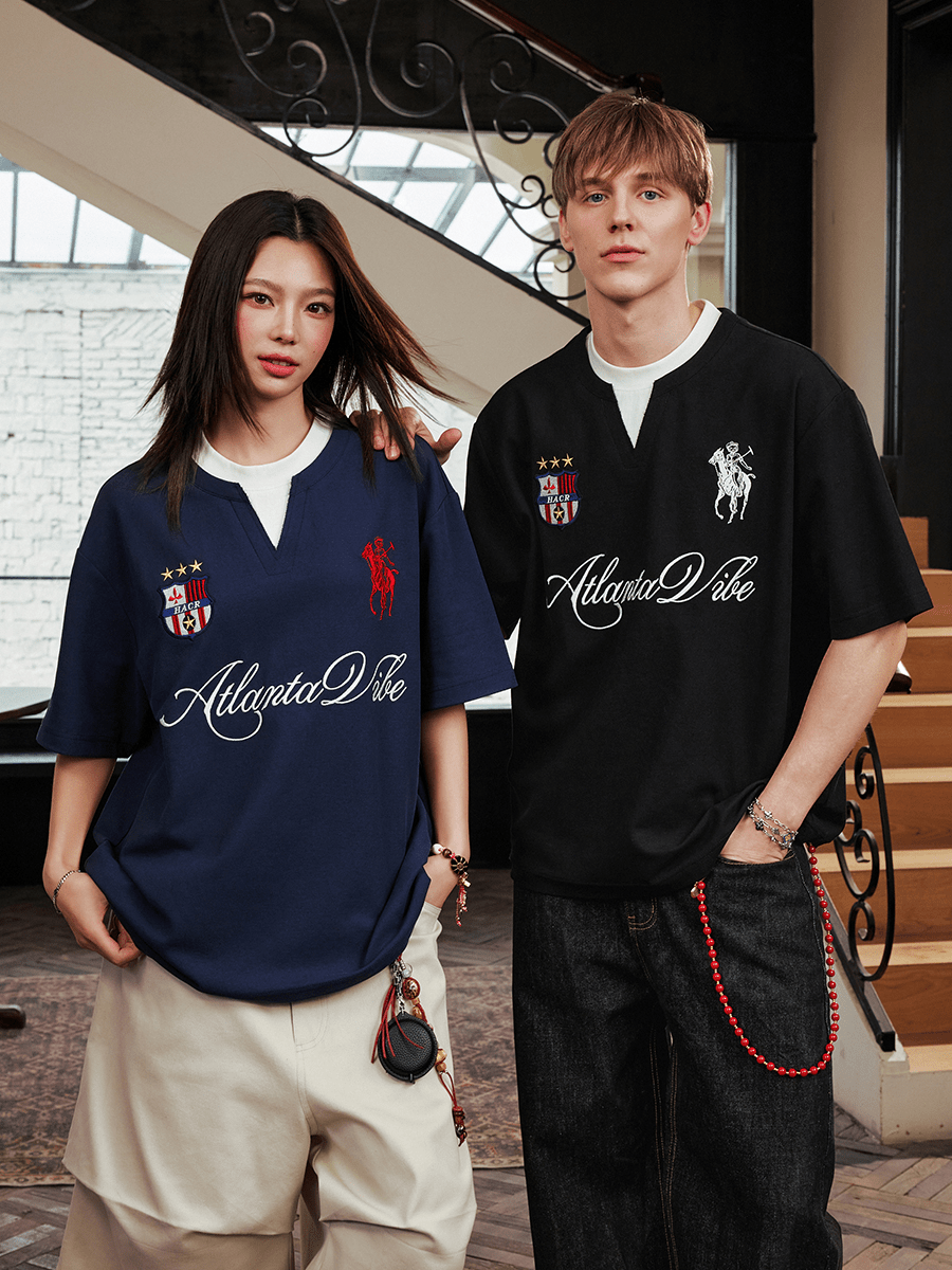 Faux Layered Jersey - Inspired Embroidered V - Neck Tee - COPPING THREADS - Harsh and Cruel