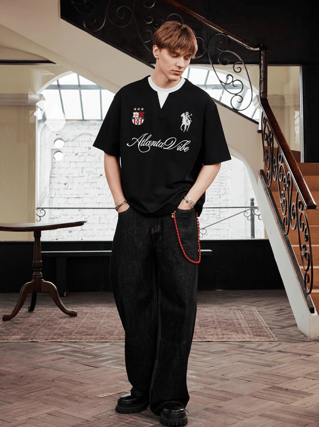 Faux Layered Jersey - Inspired Embroidered V - Neck Tee - COPPING THREADS - Harsh and Cruel