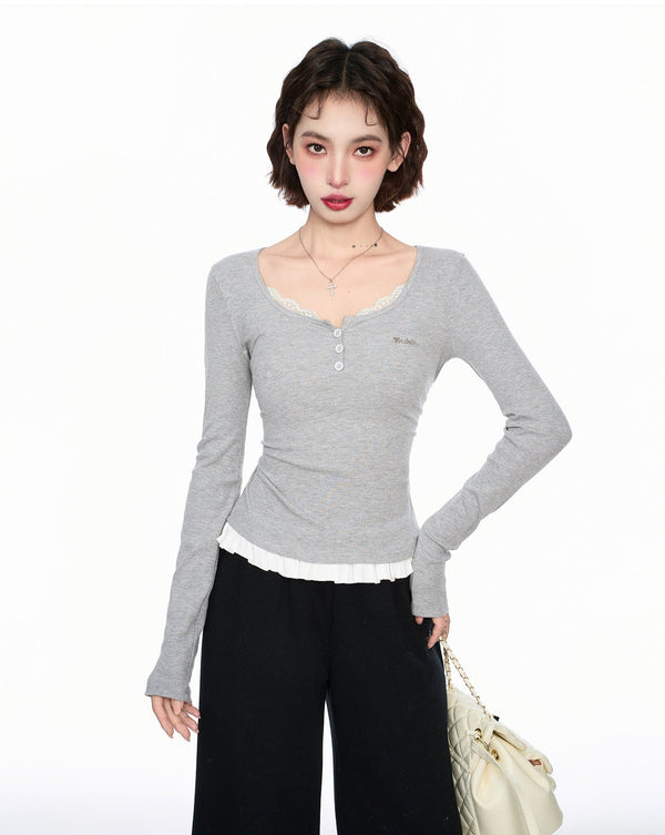 Faux Layered Square Neck Long Sleeve Tee - COPPING THREADS - CT Select