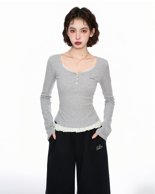 Faux Layered Square Neck Long Sleeve Tee - COPPING THREADS - CT Select