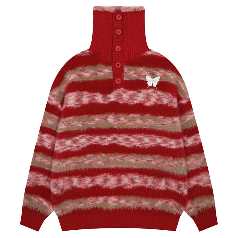 Faux Mink Loose Fit Striped Turtleneck Sweater - COPPING THREADS - CT Select