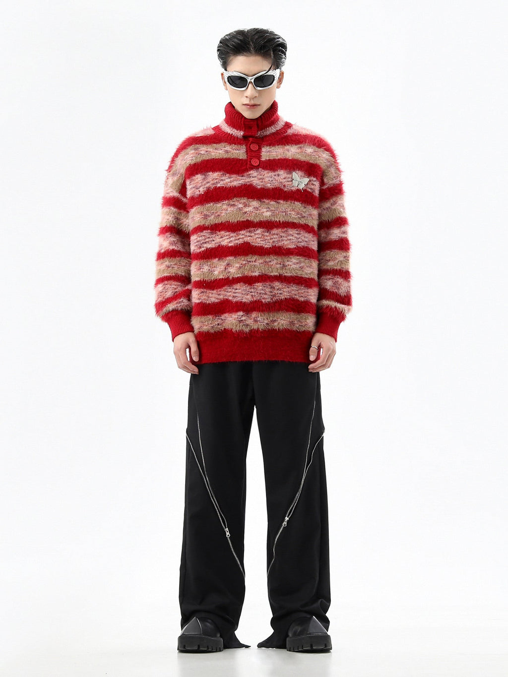 Faux Mink Loose Fit Striped Turtleneck Sweater - COPPING THREADS - CT Select