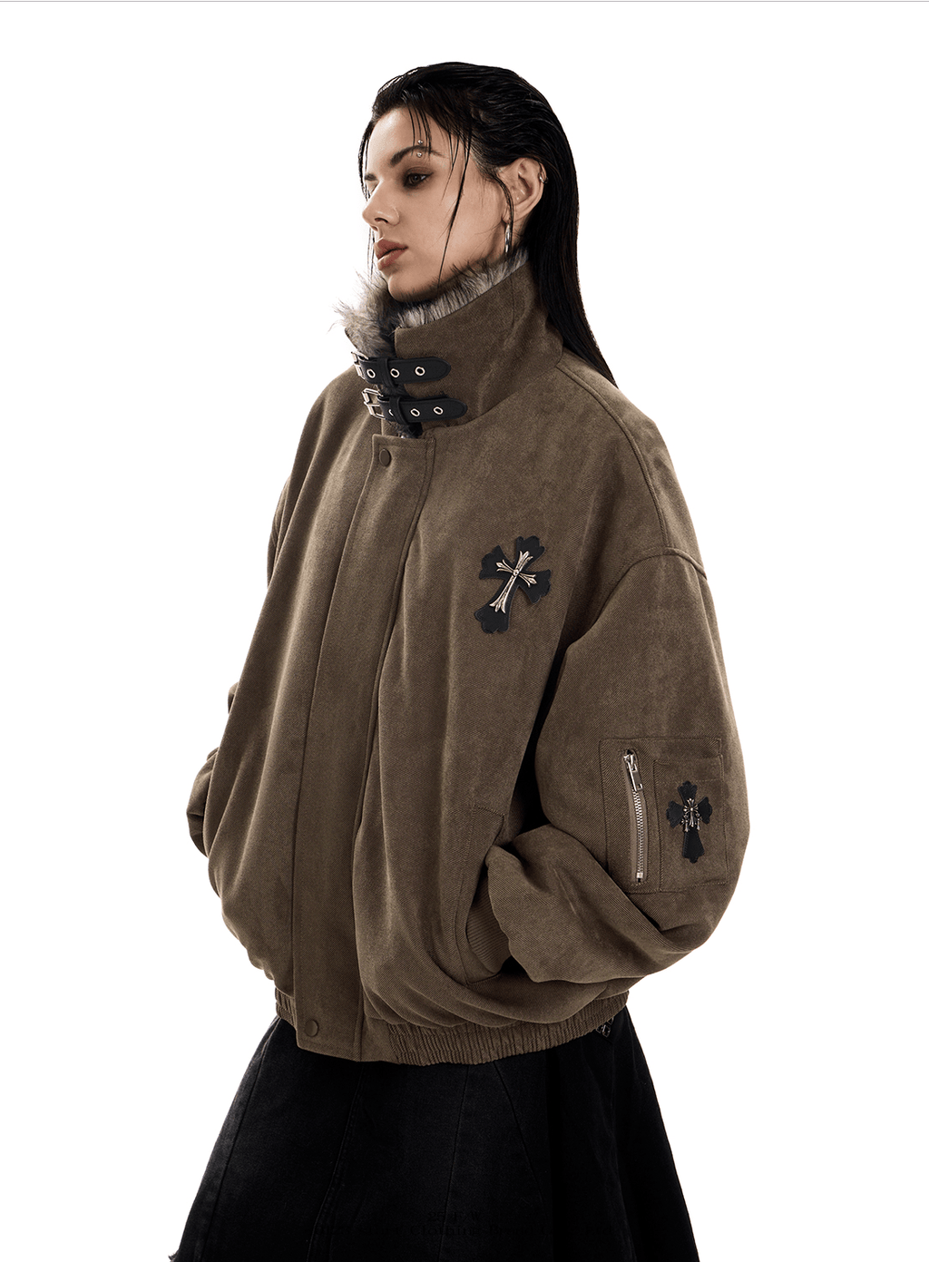 Faux Suede Sherpa Collar Cross Patch Puffer Jacket - COPPING THREADS - 0123Start