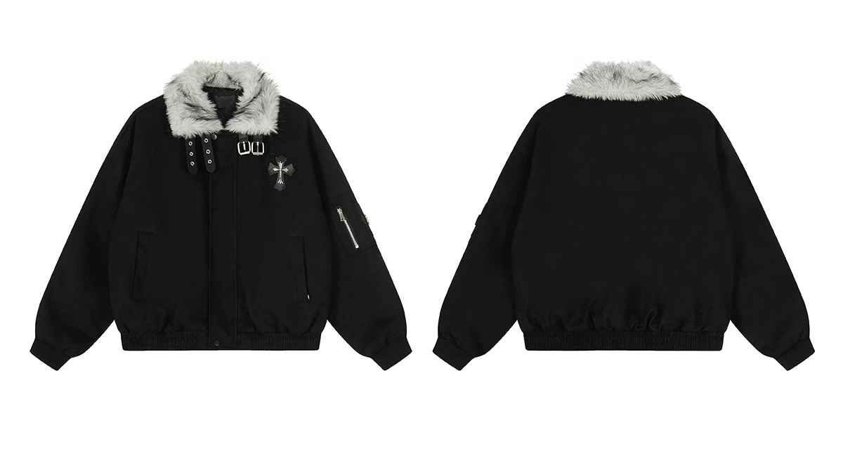 Faux Suede Sherpa Collar Cross Patch Puffer Jacket - COPPING THREADS - 0123Start