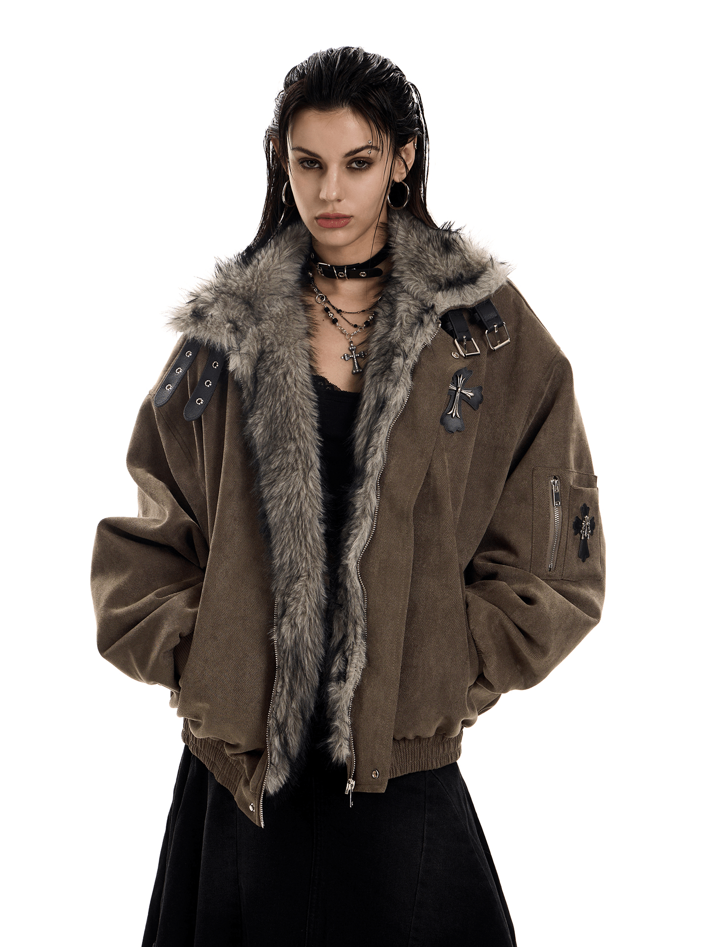 Faux Suede Sherpa Collar Cross Patch Puffer Jacket - COPPING THREADS - 0123Start