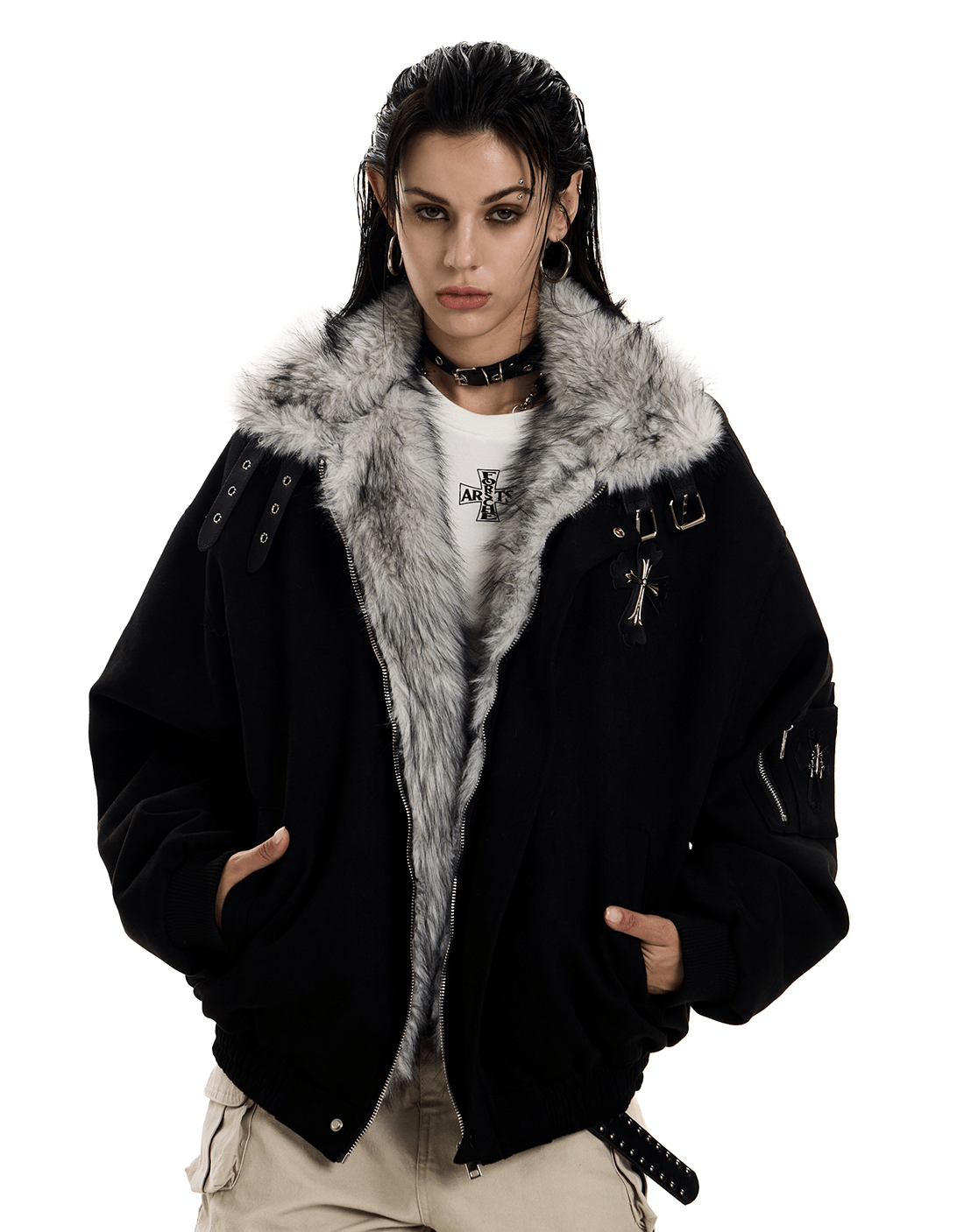 Faux Suede Sherpa Collar Cross Patch Puffer Jacket - COPPING THREADS - 0123Start