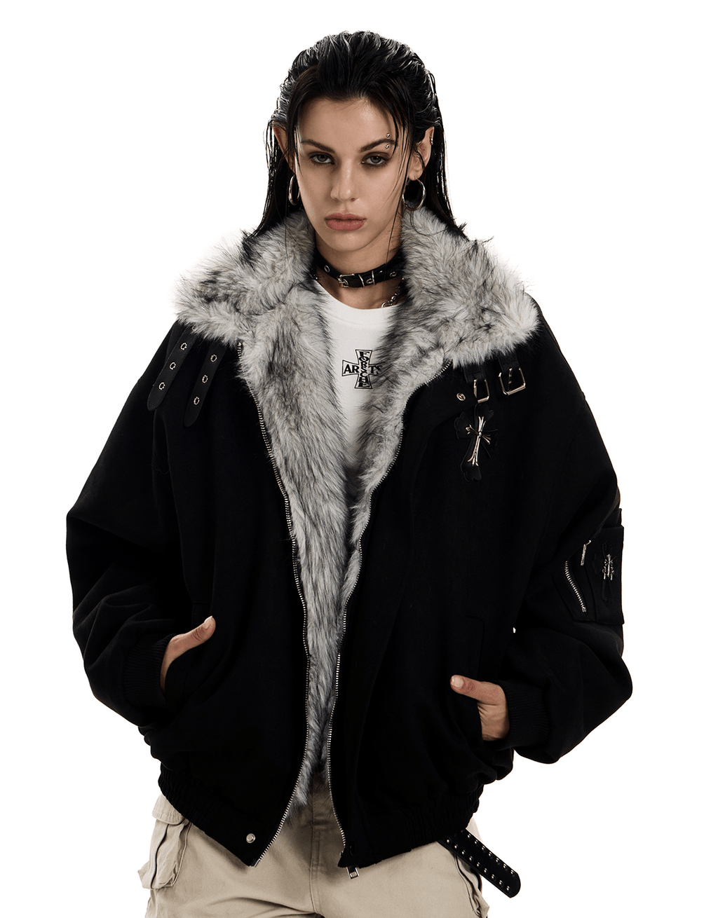 Faux Suede Sherpa Collar Cross Patch Puffer Jacket - COPPING THREADS - 0123Start