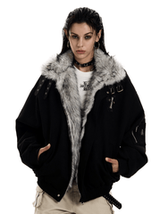 Faux Suede Sherpa Collar Cross Patch Puffer Jacket - COPPING THREADS - 0123Start