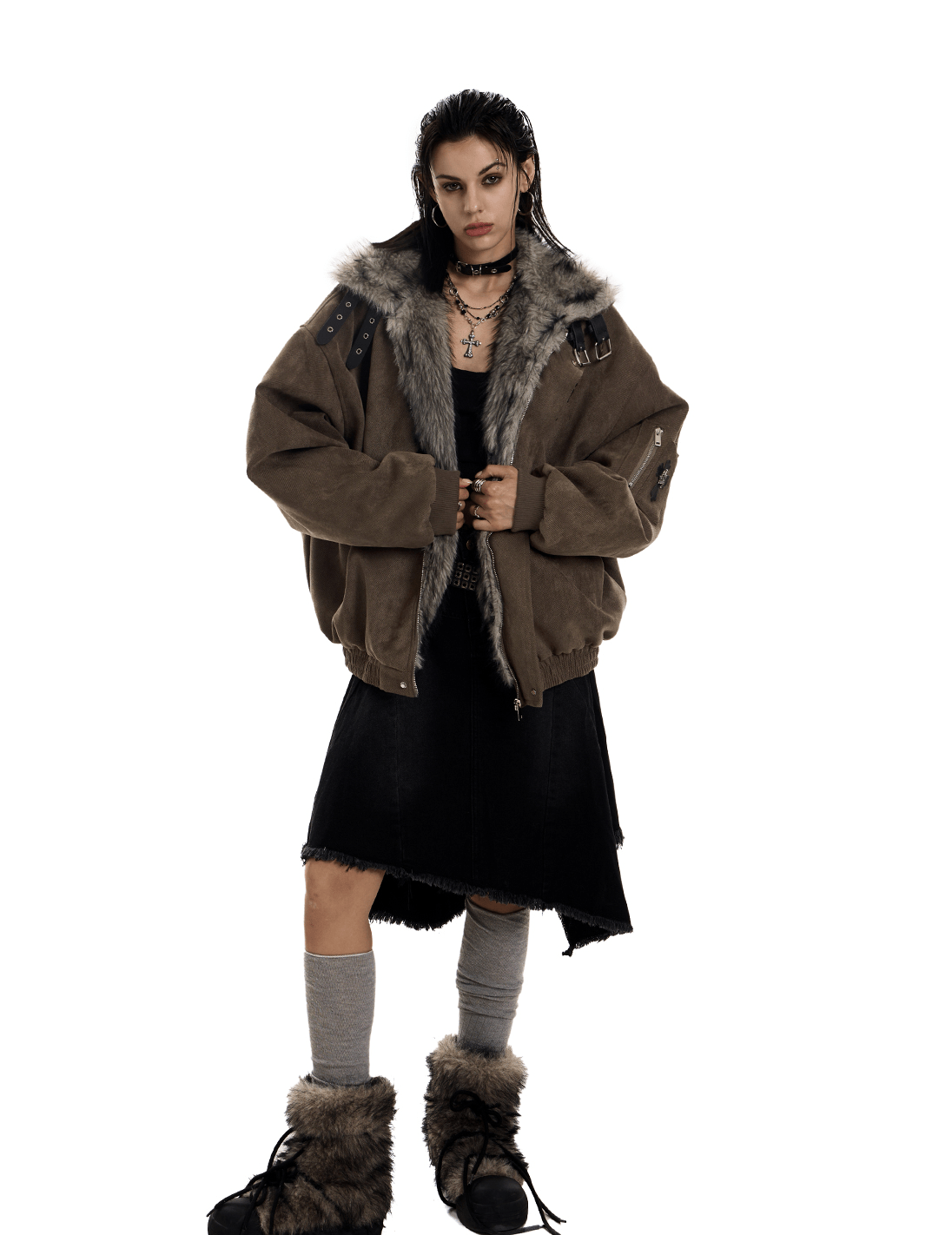 Faux Suede Sherpa Collar Cross Patch Puffer Jacket - COPPING THREADS - 0123Start