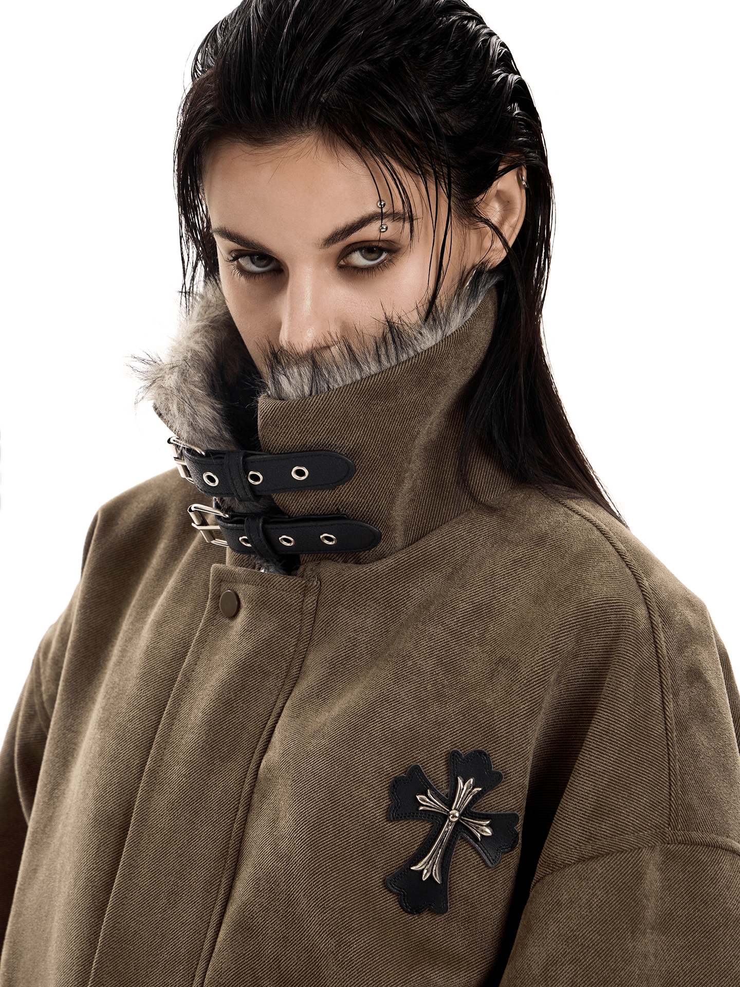 Faux Suede Sherpa Collar Cross Patch Puffer Jacket - COPPING THREADS - 0123Start