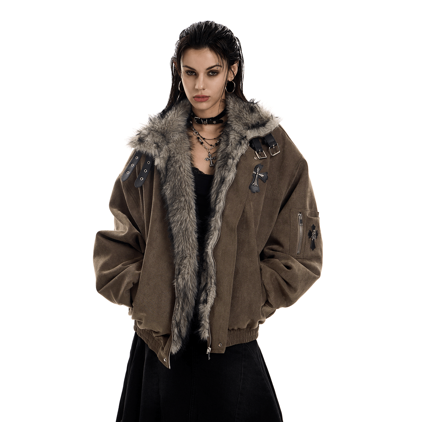 Faux Suede Sherpa Collar Cross Patch Puffer Jacket - COPPING THREADS - 0123Start Main image