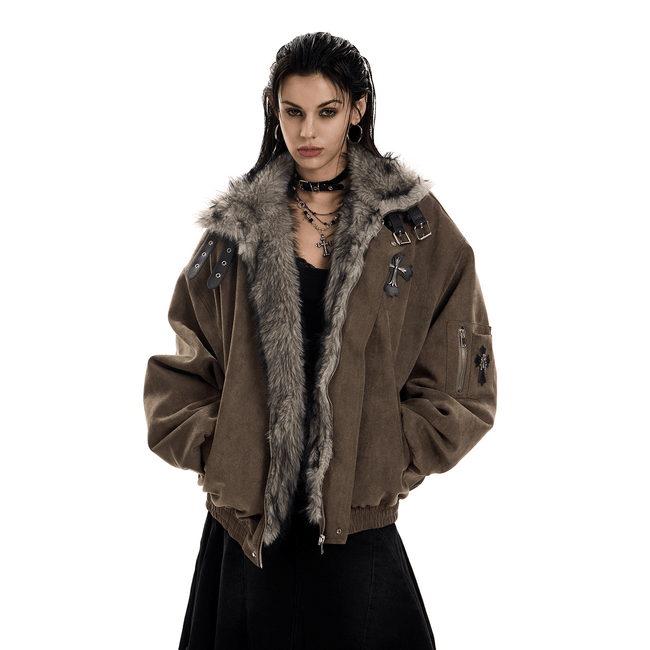 Faux Suede Sherpa Collar Cross Patch Puffer Jacket - COPPING THREADS - 0123Start Hover Image