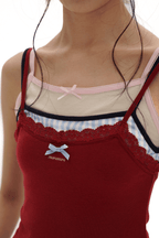 Faux Three - Piece Layered Lace Trim Textured Mesh Cami Top - COPPING THREADS - MOROMORO