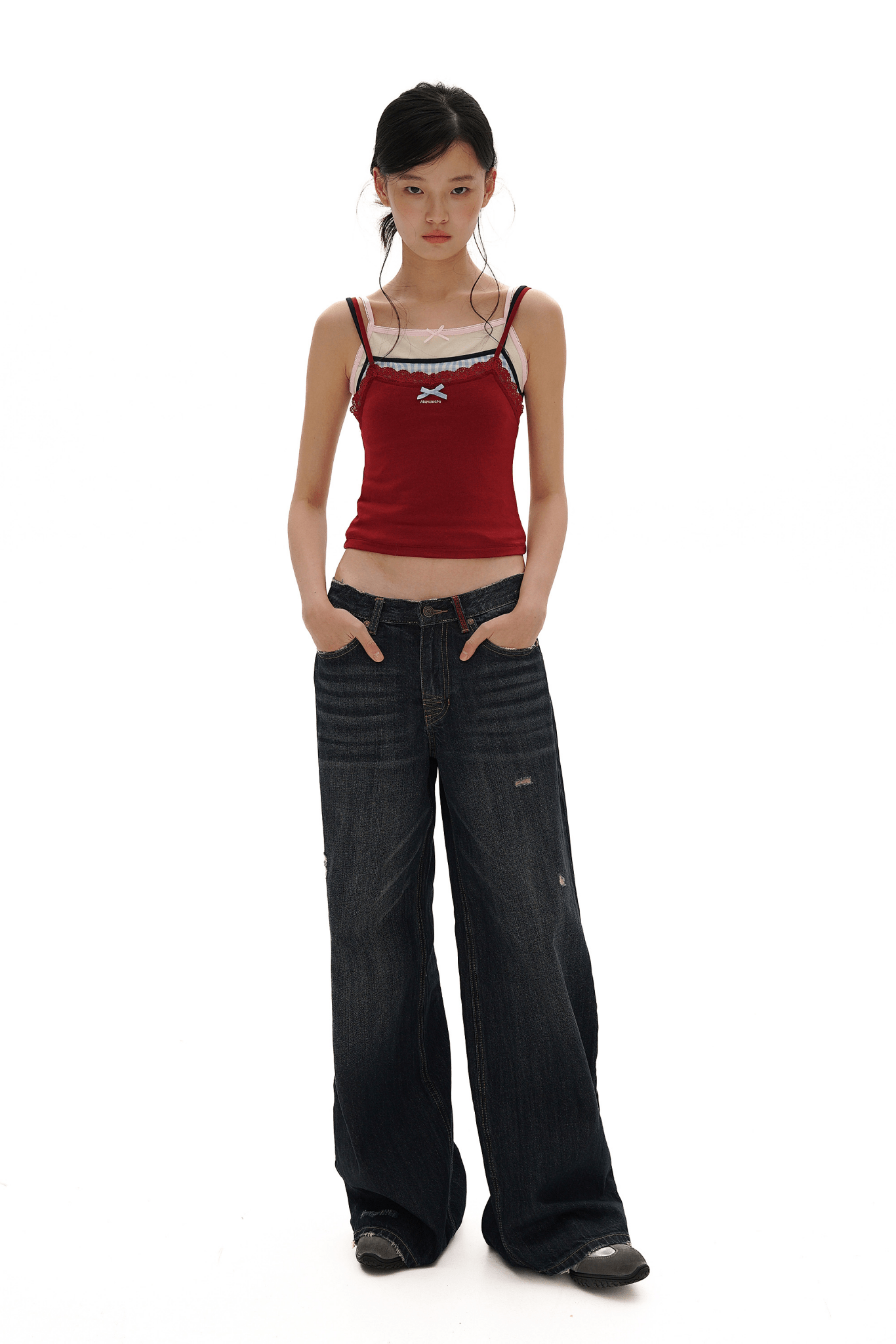 Faux Three - Piece Layered Lace Trim Textured Mesh Cami Top - COPPING THREADS - MOROMORO