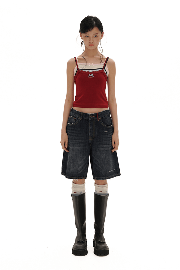 Faux Three - Piece Layered Lace Trim Textured Mesh Cami Top - COPPING THREADS - MOROMORO