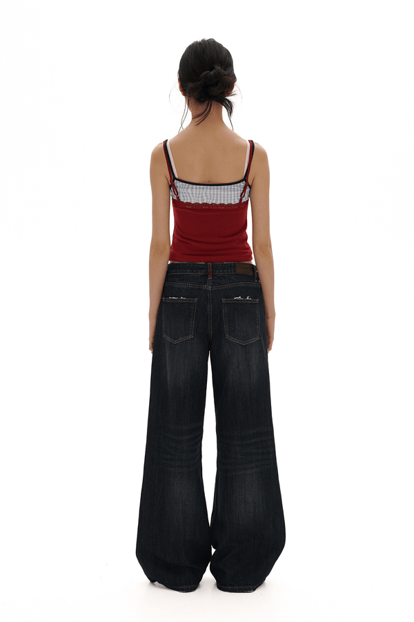 Faux Three - Piece Layered Lace Trim Textured Mesh Cami Top - COPPING THREADS - MOROMORO
