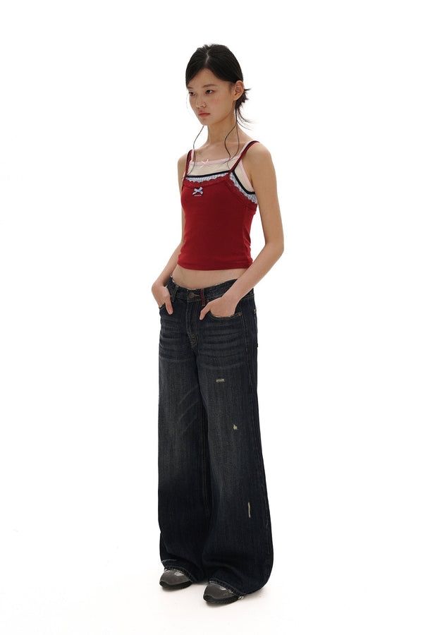 Faux Three - Piece Layered Lace Trim Textured Mesh Cami Top - COPPING THREADS - MOROMORO