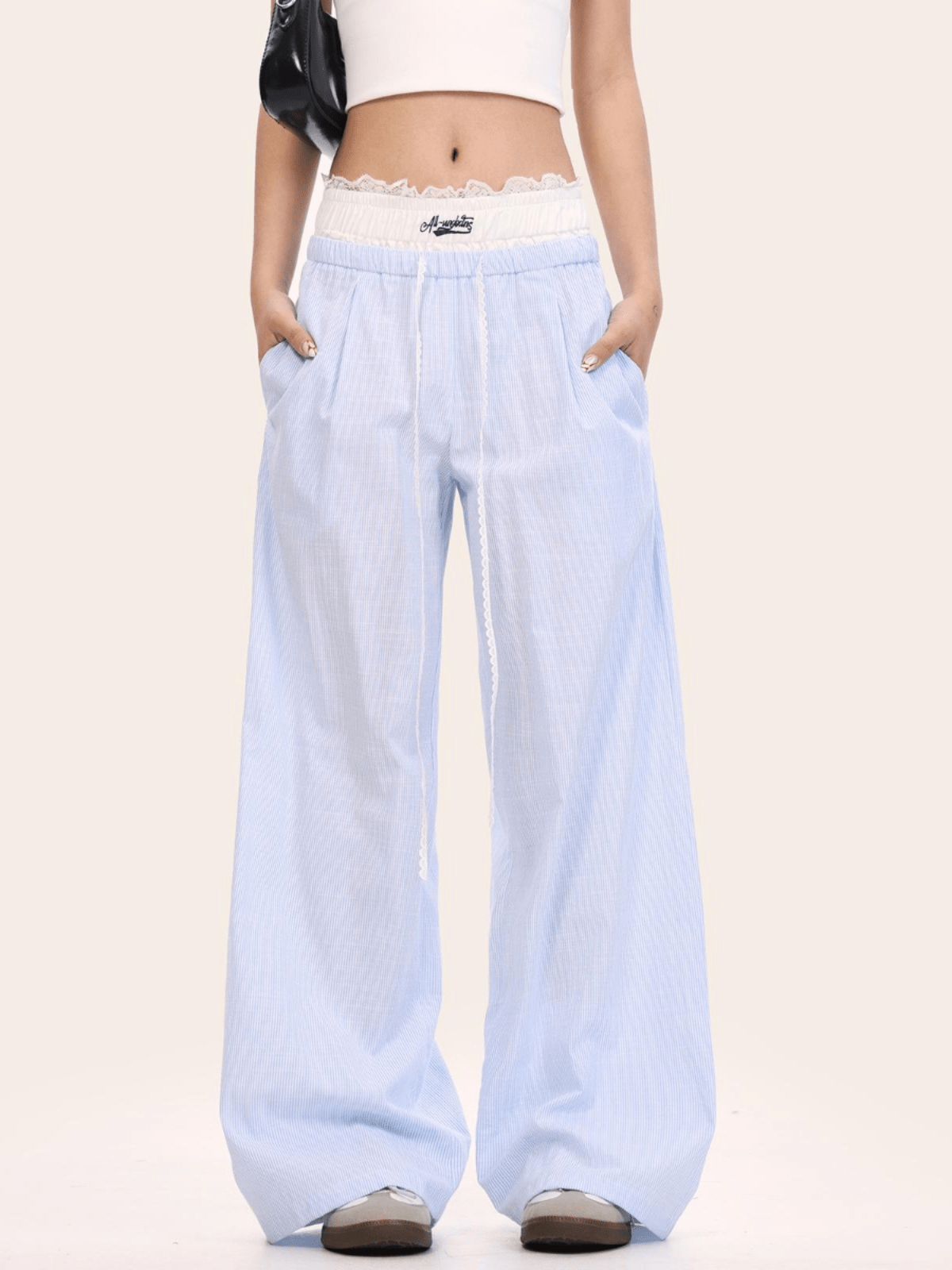 Faux Two - Piece Lace Waist Striped Pants - COPPING THREADS - CT Select