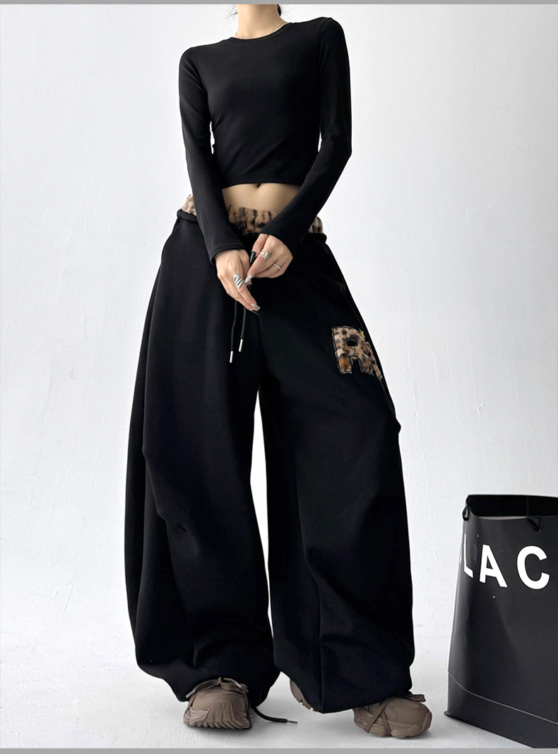 Leopard‑Trim Baggy Wide‑Leg Sweatpants