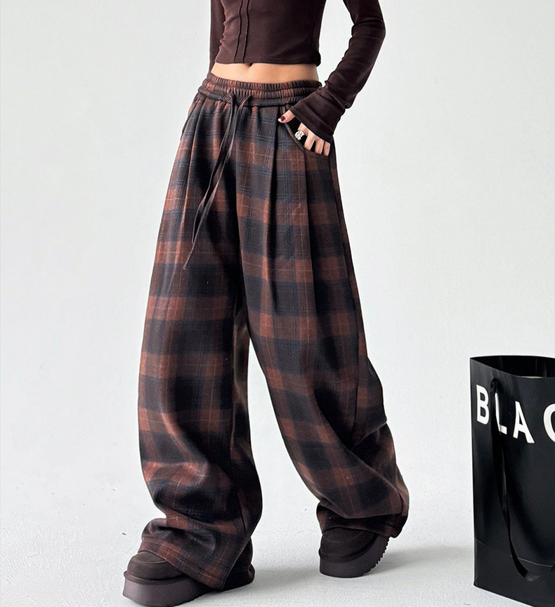 Vintage Plaid Fleece-Lined Wide-Leg Pants