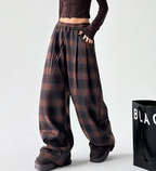 Vintage Plaid Fleece-Lined Wide-Leg Pants