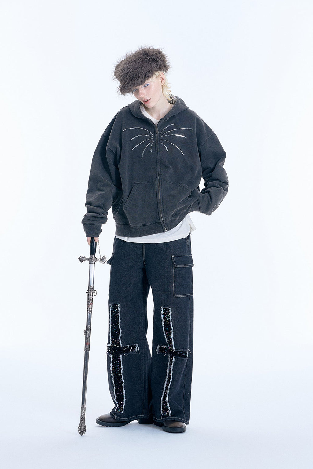 Firework Sequin Distressed Double Zip - Up Hoodie - COPPING THREADS - APRIORITY